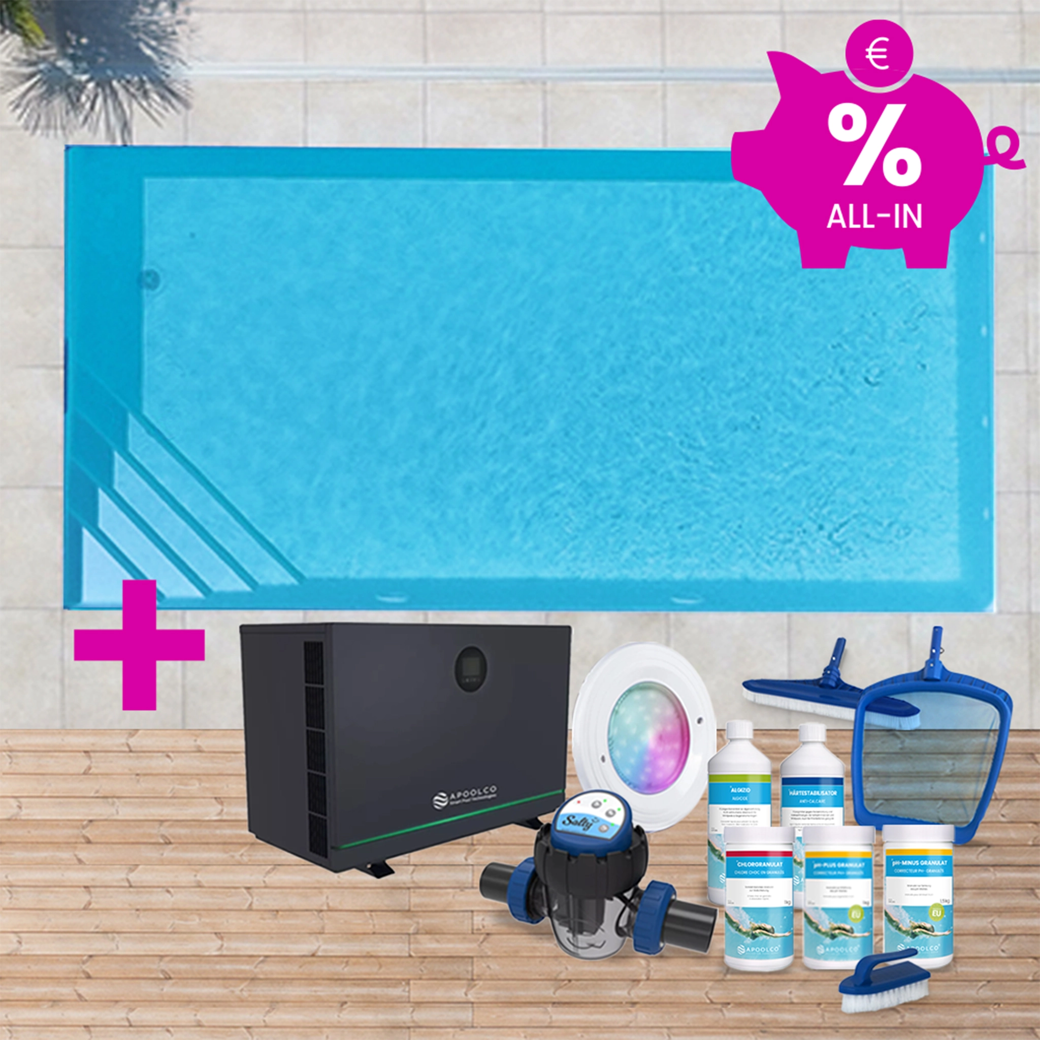 SPARSET: Styroporpool, 700 x 400 x 150 cm, Komplettset mit Ecktreppe links, Folie 0,80 mm, adriablau