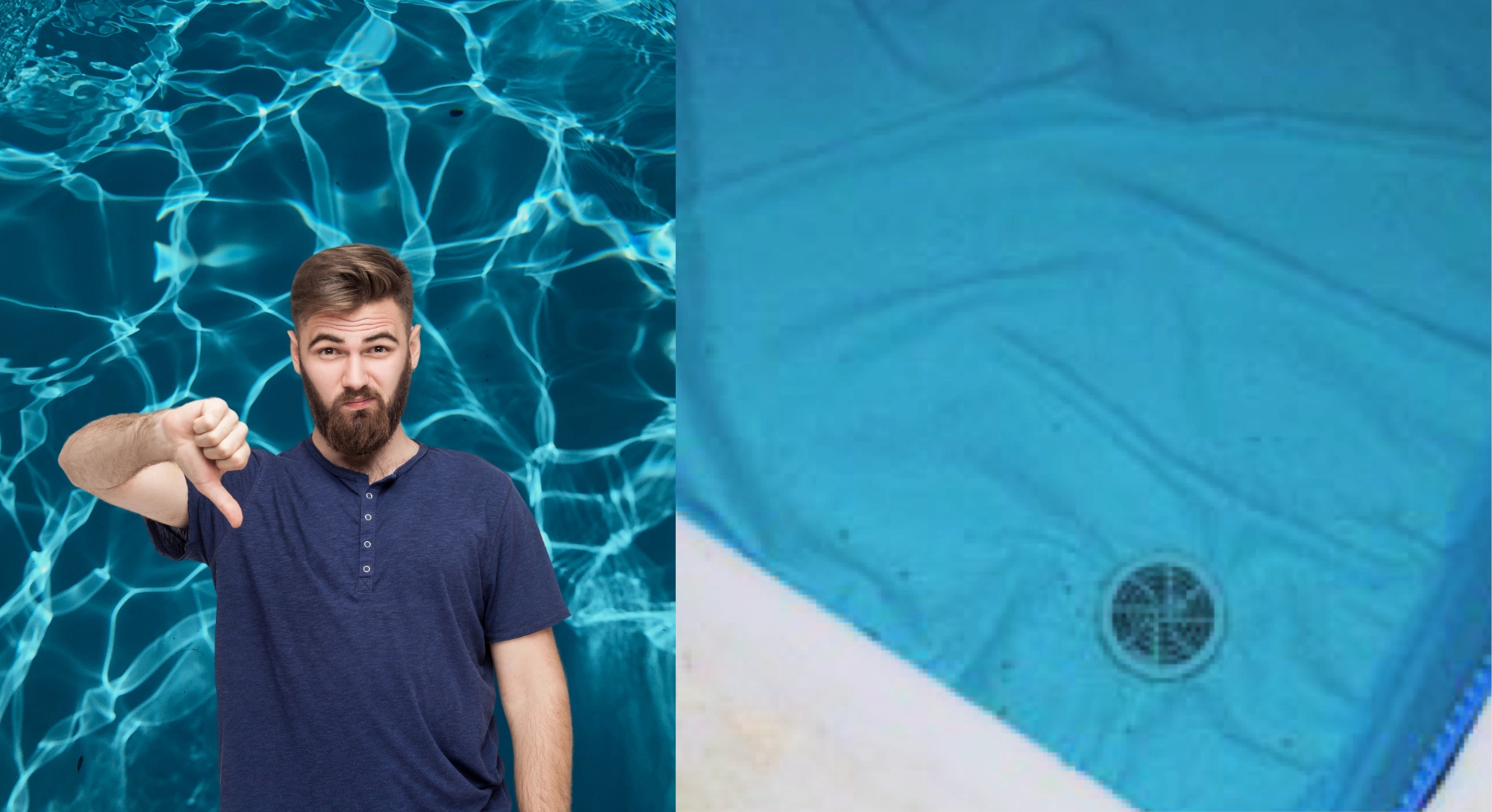 Falten in Poolfolien und Mann mit Daumen runter