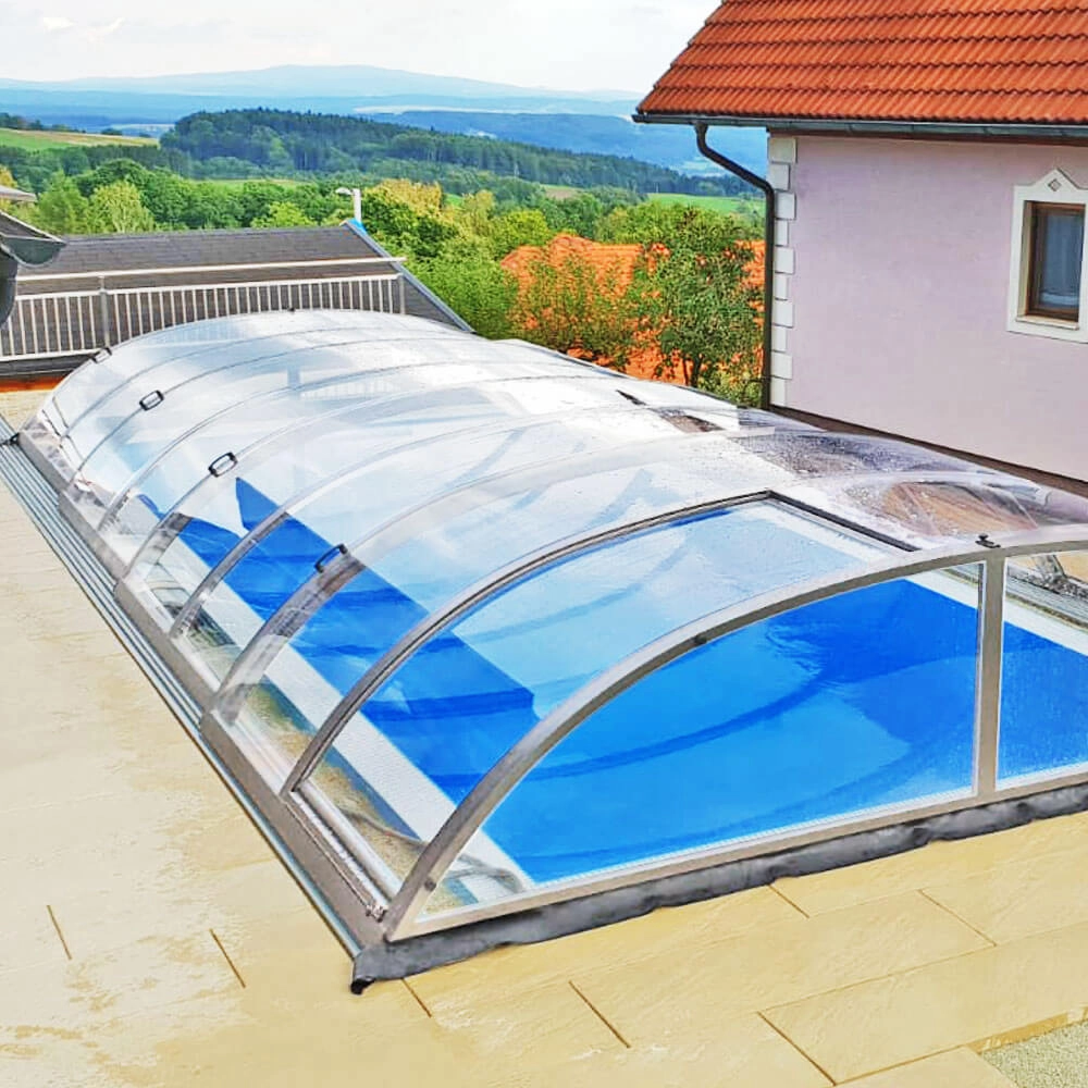 Poolüberdachung vormontiert, 642 x 330 x 76 cm, mit Schiebetür, COMPACT clear, div. Ausführungen