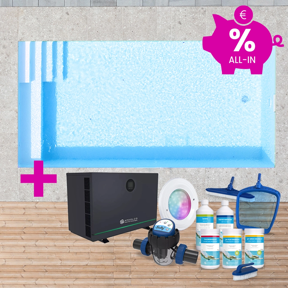 SPARSET: Styroporpool, 400 x 300 x 150 cm, Komplettset mit Treppe rechts und Sitzbank links, Folie 0,90 mm, hellblau