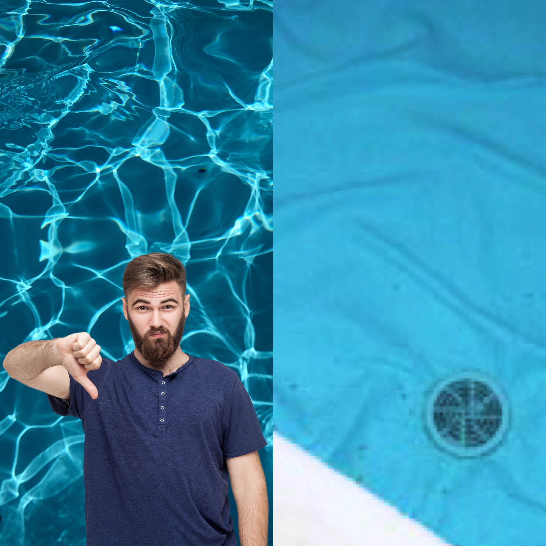 Falten in Poolfolien und Mann mit Daumen runter 2
