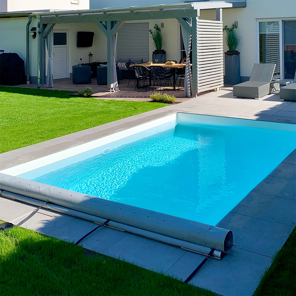 Styroporpool_Aufrollabdeckung_ca_2021-3 Styroporpool, 350 x 350 x 150 cm, Basis-Bausatz mit Treppe rechts und Sitzbank