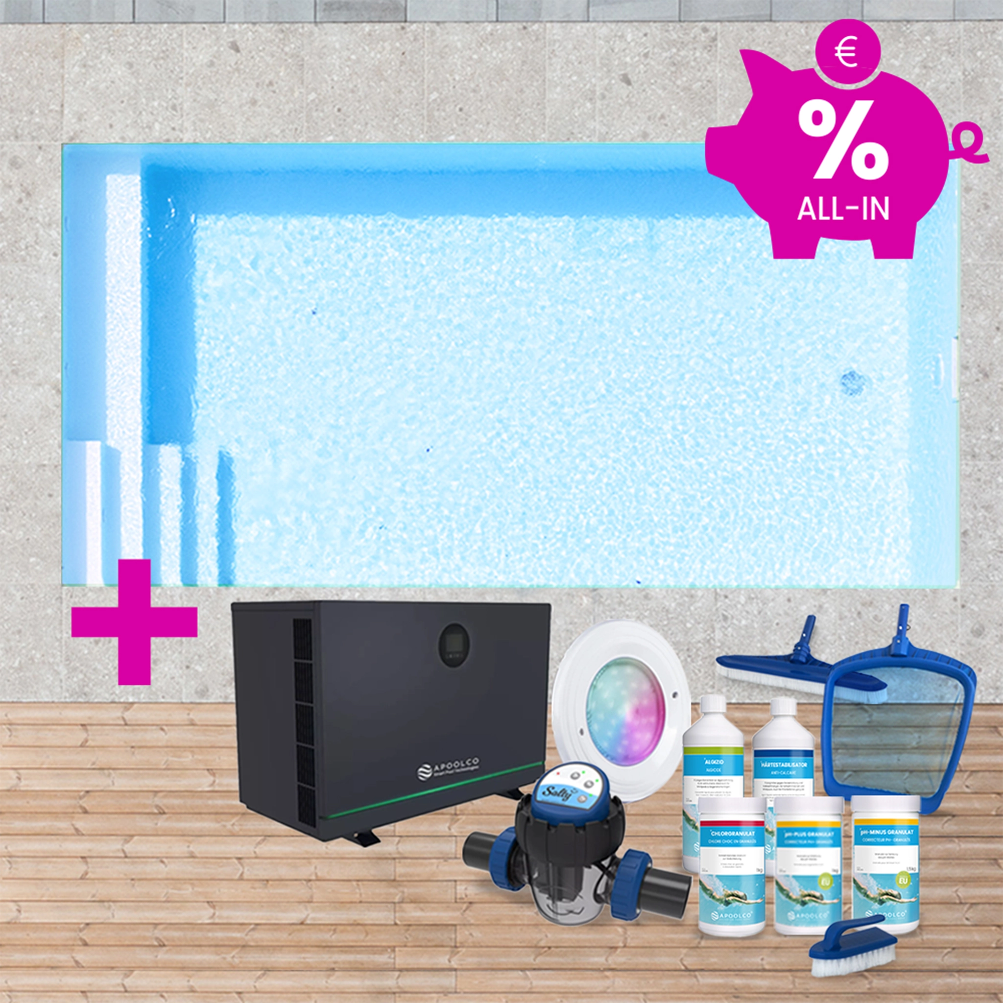 SPARSET: Styroporpool, 600 x 300 x 150 cm, Komplettset mit Treppe links und Sitzbank, Folie 0,80 mm, hellblau