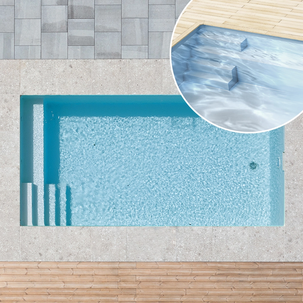 Styroporpool_SitzbankTreppe_Basisset_150cm_links_grau Styroporpool, 350 x 350 x 150 cm, Basis-Bausatz mit Treppe links und Sitzbank