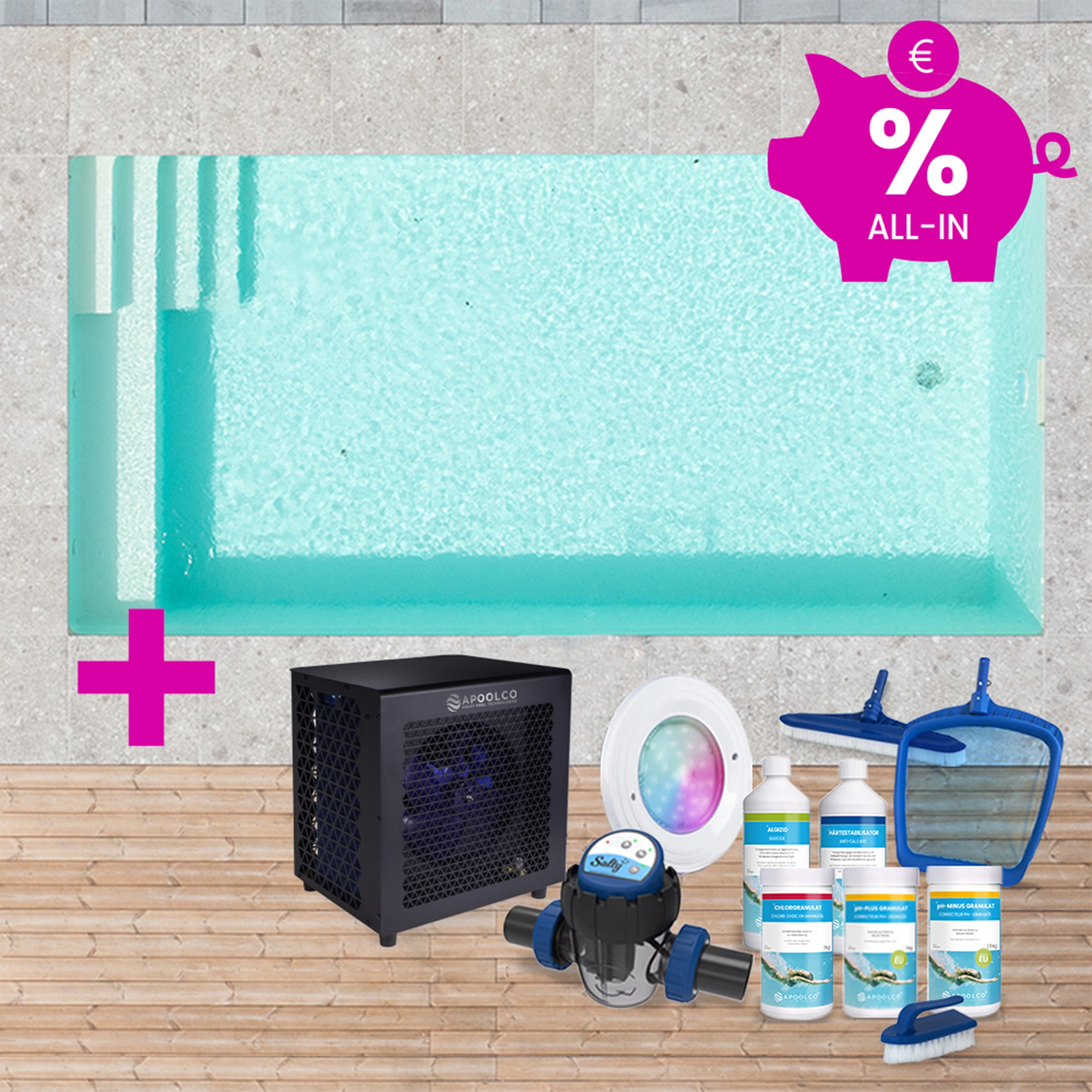 SPARSET: Styroporpool, 400 x 250 x 150 cm, Komplettset mit Treppe rechts und Sitzbank, Folie 0,90 mm, sand