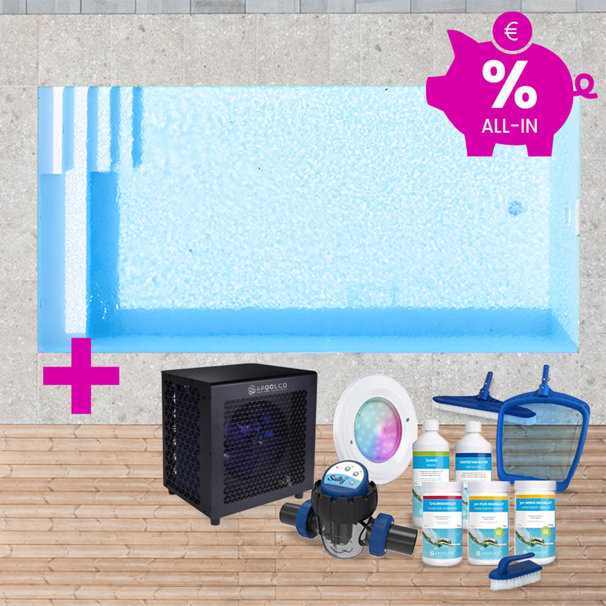 SPARSET: Styroporpool, 400 x 300 x 150 cm, Komplettset mit Treppe rechts und Sitzbank links, Folie 0,90 mm, hellblau