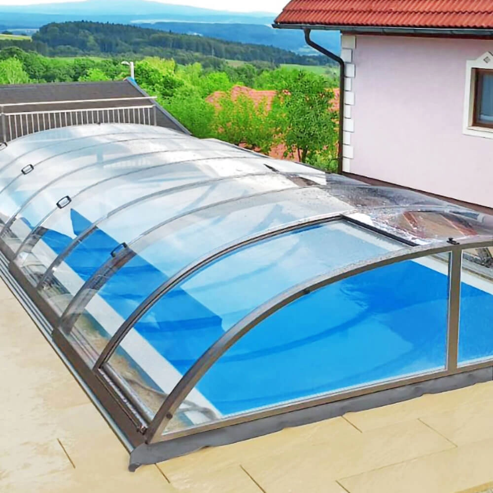 poolueberdachung_compact_klarglas-hauptbild_silber Poolüberdachung vormontiert, 854 x 375 x 80 cm, mit Schiebetür, COMPACT clear, div. Ausführungen