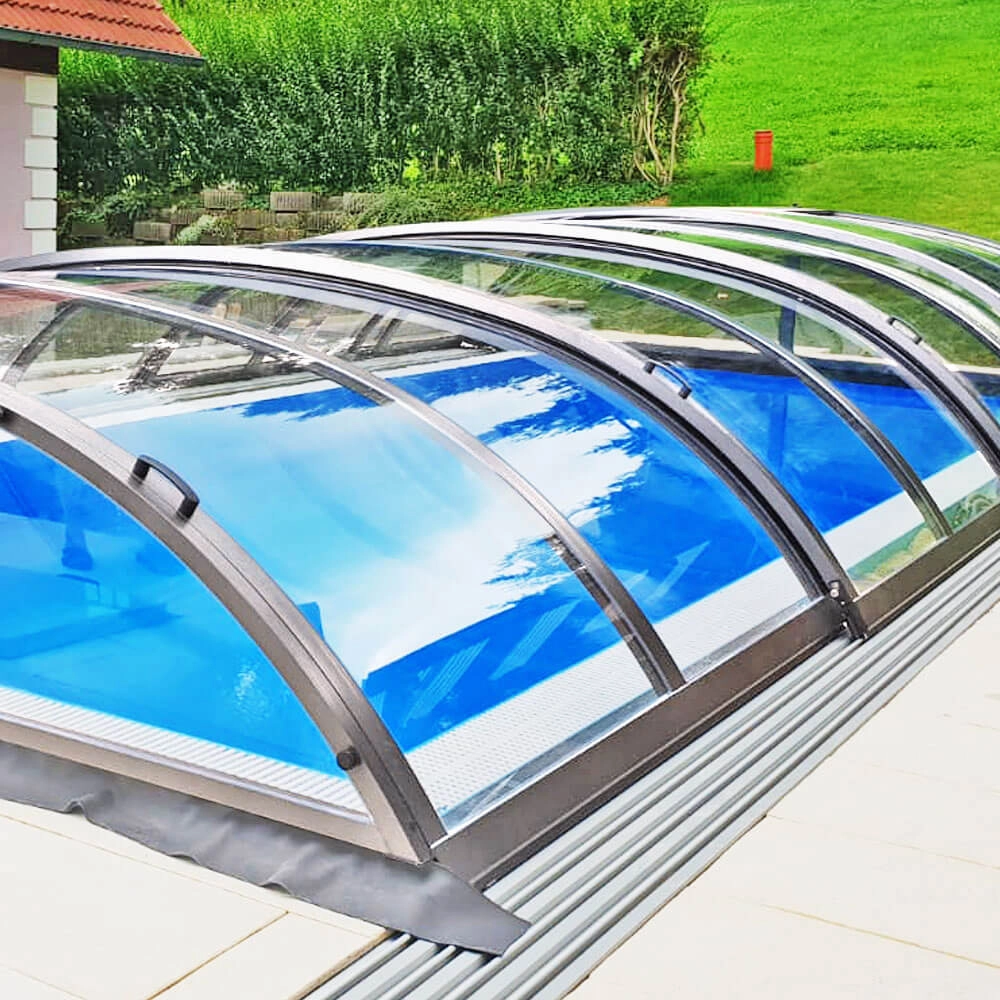 Poolüberdachung vormontiert, 642 x 390 x 80 cm, mit Schiebetür, COMPACT clear, div. Ausführungen