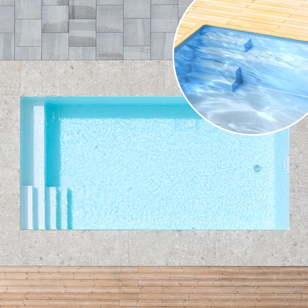 Styroporpool, 350 x 350 x 150 cm, Basis-Bausatz mit Treppe links und Sitzbank