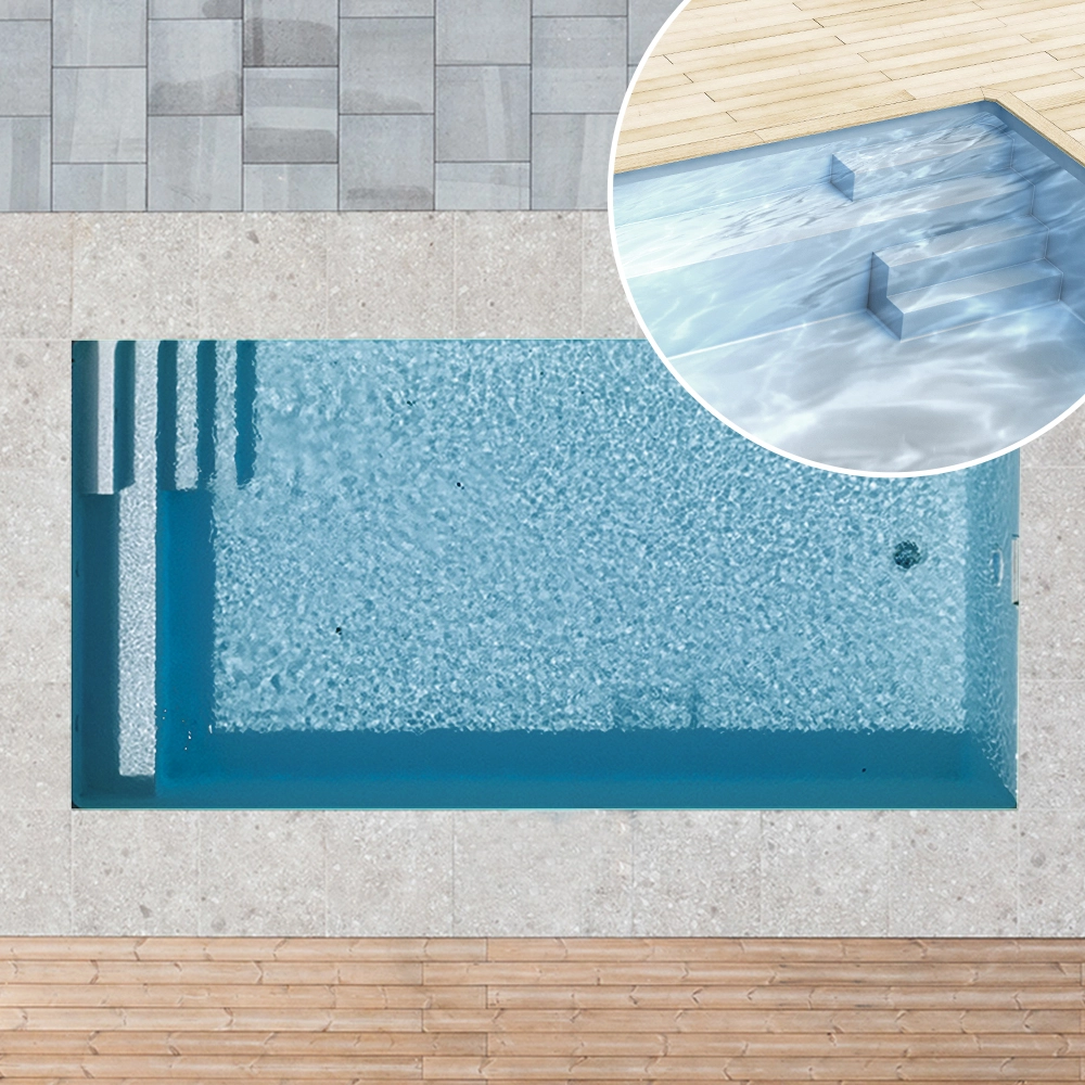 Styroporpool, 350 x 350 x 150 cm, Basis-Bausatz mit Treppe rechts und Sitzbank